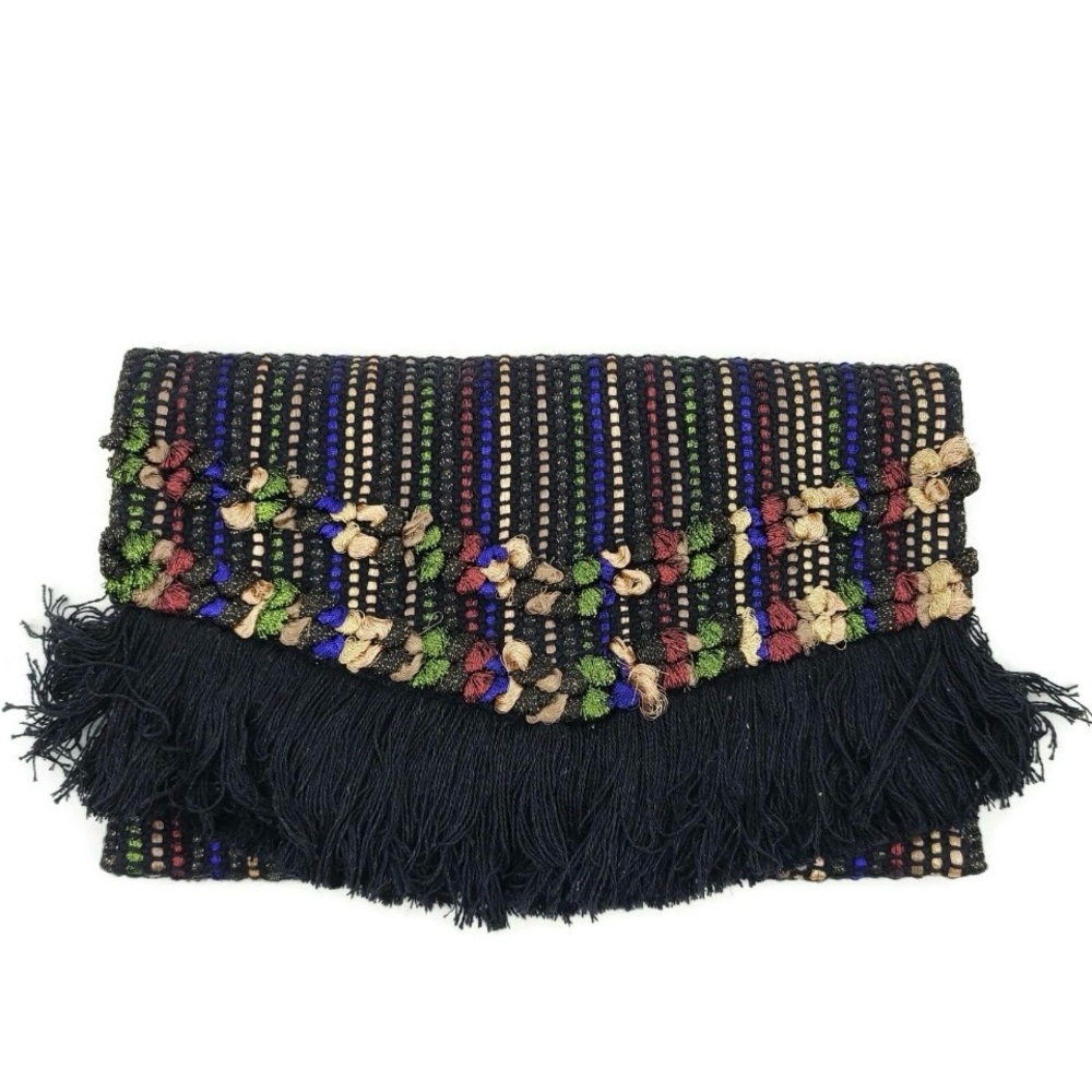 STELLA & DOT Taj Clutch Black Fringe Striped Purse 12.5” x 8”
